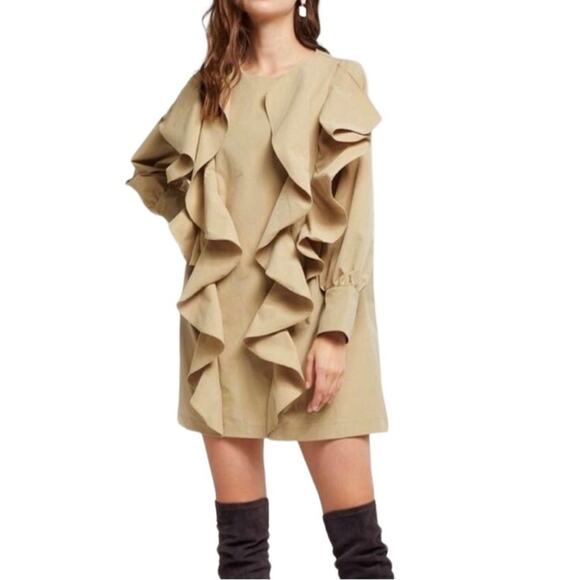 STORETS Double Ruffle Mini Dress-Tunic S/M Tan Coquette Boho Chick Fairy Party - Picture 1 of 10